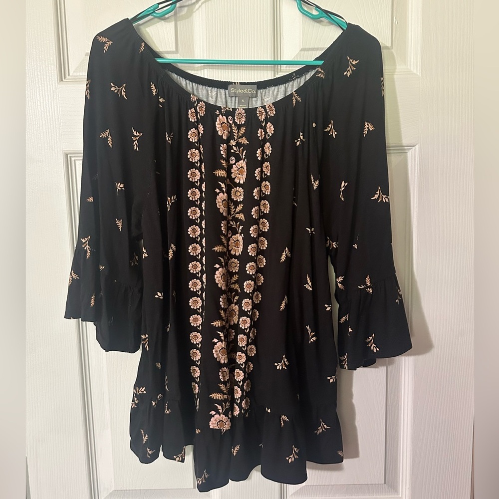 Style & Co boho style Black and Pink Ruffled Bell Sleeve Blouse